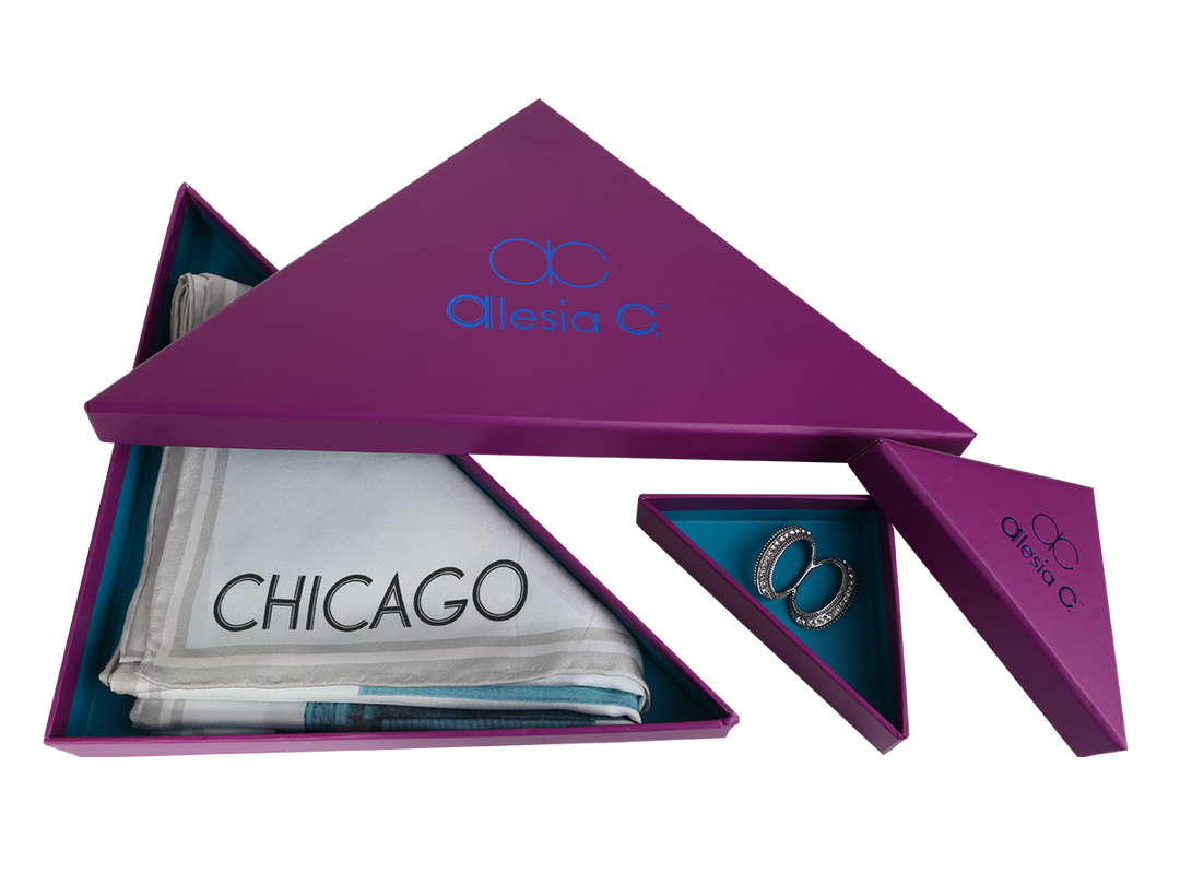 Custom Logo Business Gifts of Chicago City Pure Silk Scarves by Chicago Artist fashion designer Alesia C.