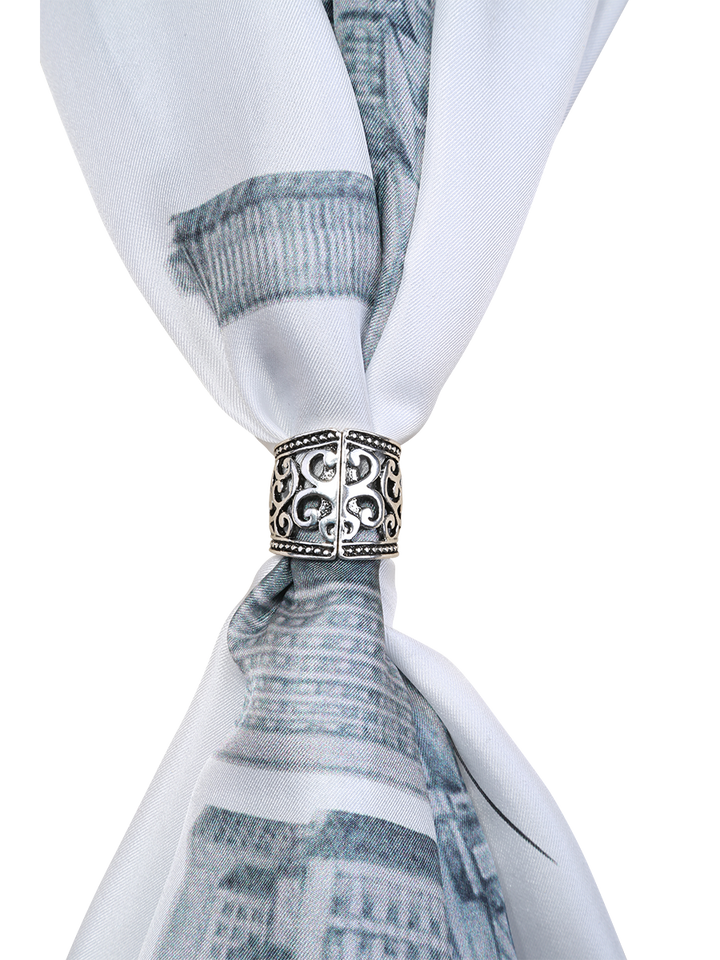 Vintage Magnet Filigree Scarf Charm Ring – Antique Silver with Magnetic Closure