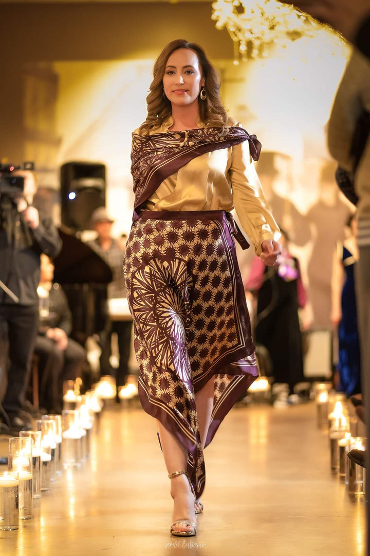WISDOM Mandala 100% Silk Asymmetrical Wrap Skirt Brown Beige