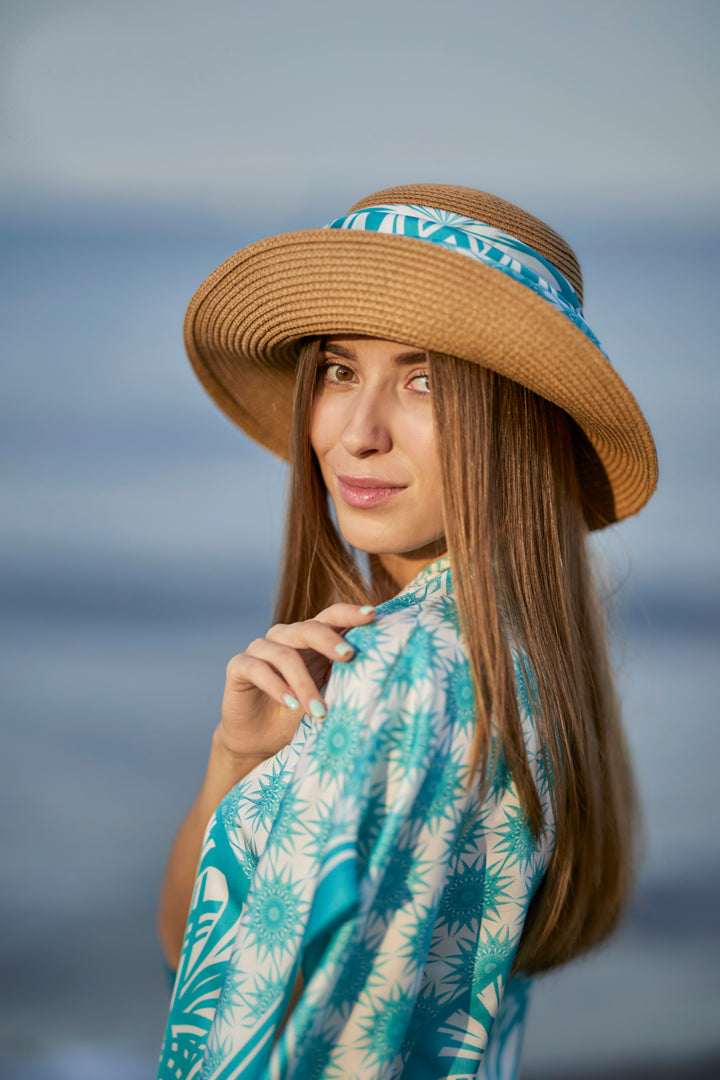 Wisdom Mandala Silk Short Caftan – Turquoise/White
