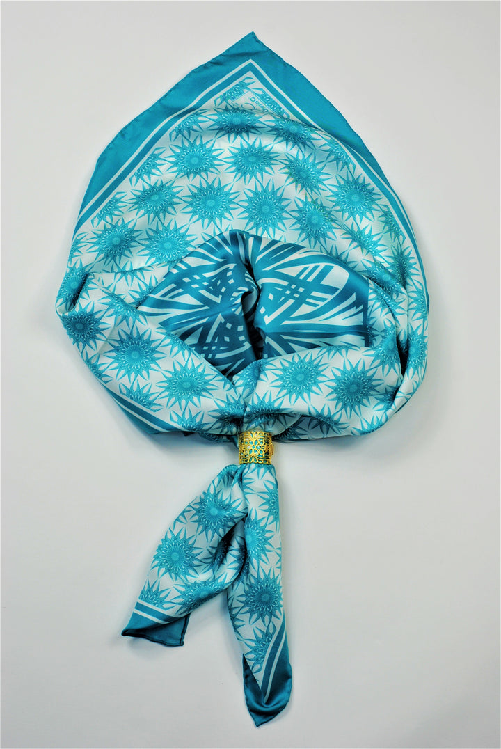 WISDOM Mandala Silk Square Scarf in Turquoise White – Multiple Sizes by Alesia Chaika