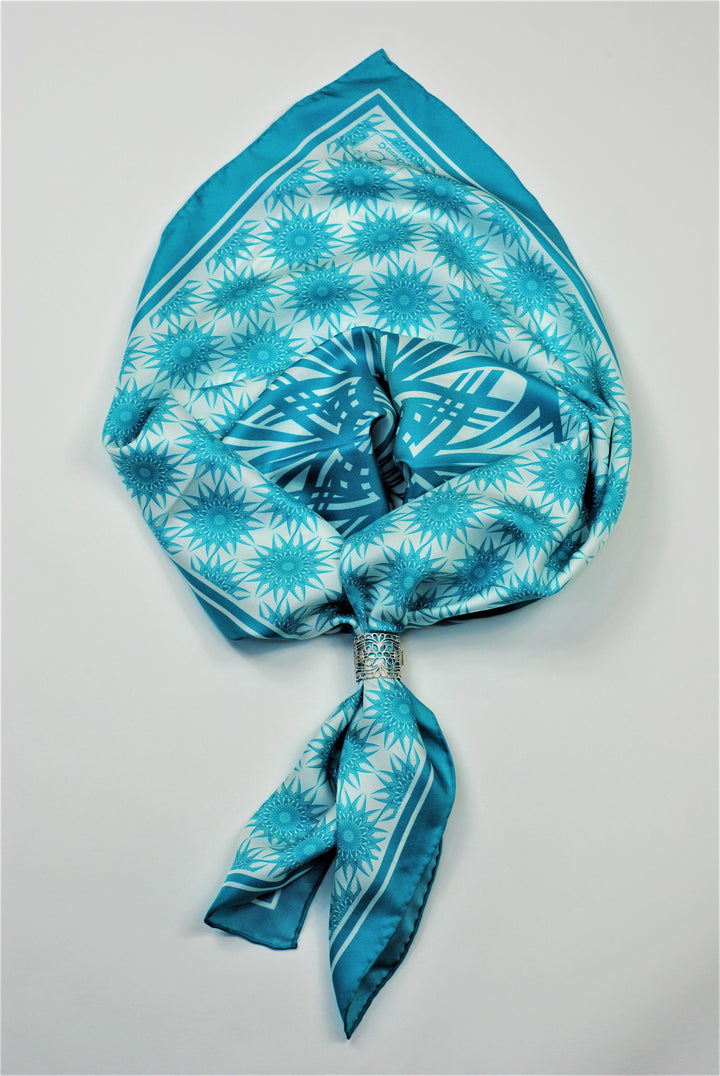 WISDOM Mandala Silk Square Scarf in Turquoise White – Multiple Sizes by Alesia Chaika