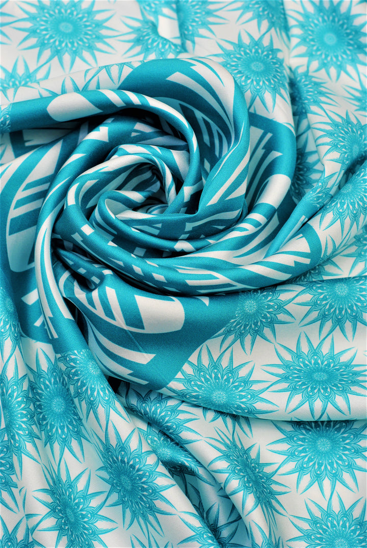 WISDOM Mandala Silk Square Scarf in Turquoise White – Multiple Sizes by Alesia Chaika