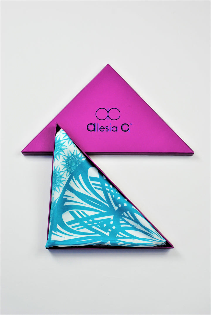WISDOM Mandala Silk Square Scarf in Turquoise White – Multiple Sizes by Alesia Chaika