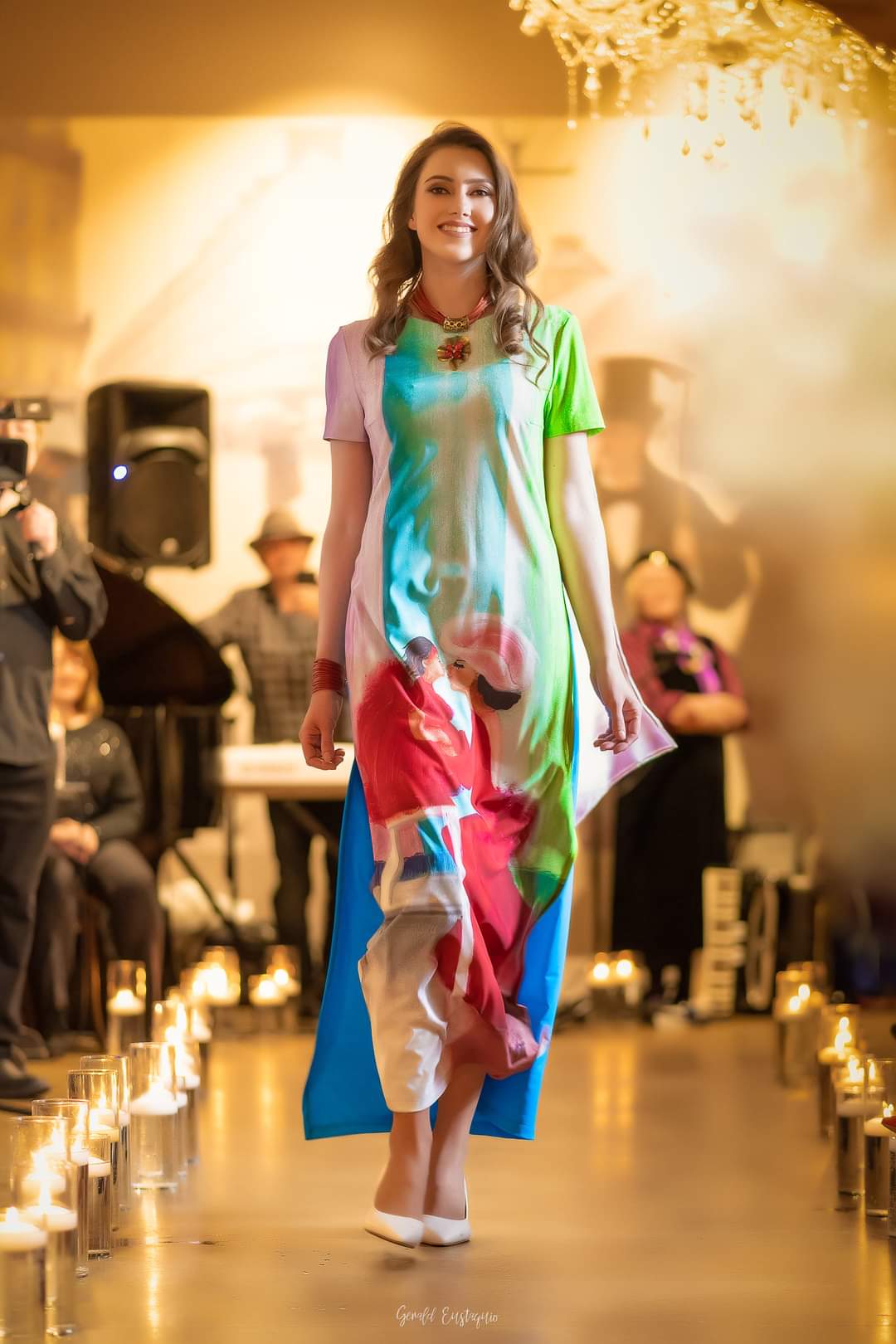Summer Bright Maxi Dress With Sleeves Wearable Art YOU ARE THE BEST by artist Alesia Chaika Made In USA Featured at the Meet me In Paris runway fashion show and artworks exhibition