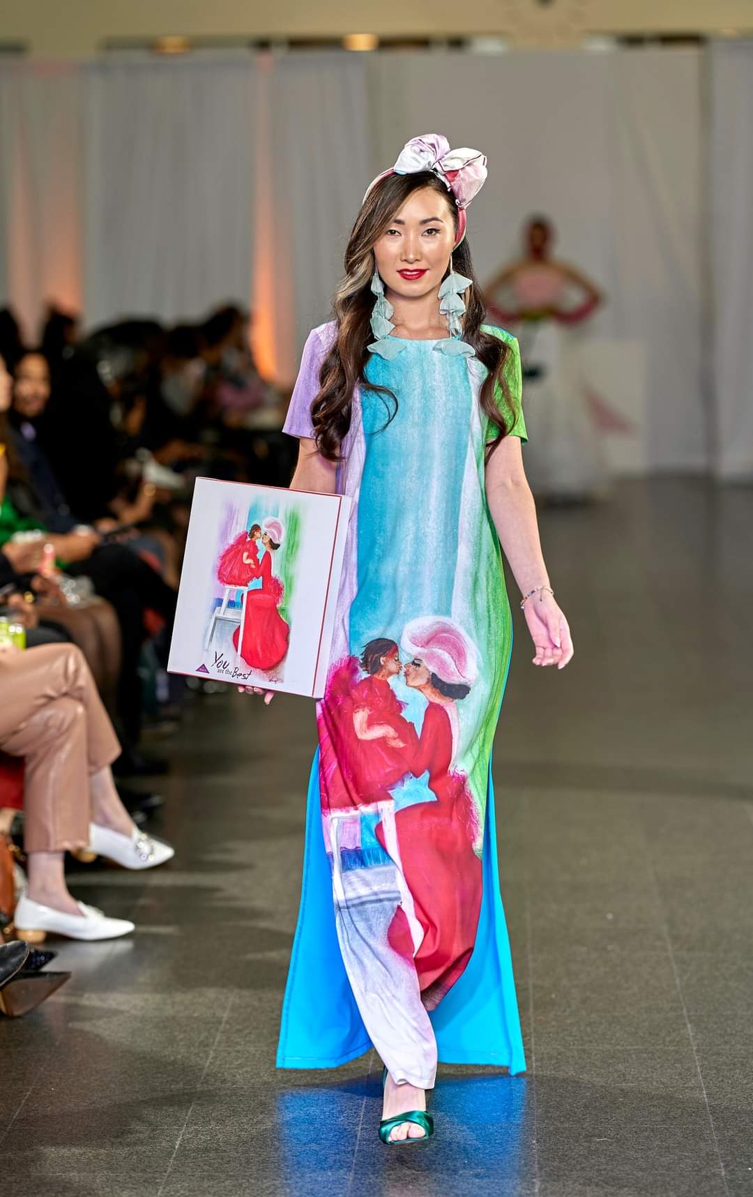 Summer Bright Maxi Dress With Sleeves Wearable Art YOU ARE THE BEST by artist Alesia Chaika Made In USA Featured at the Museum Of Contemporary Art Chicago in the charity runway fashion show and artworks exhibition