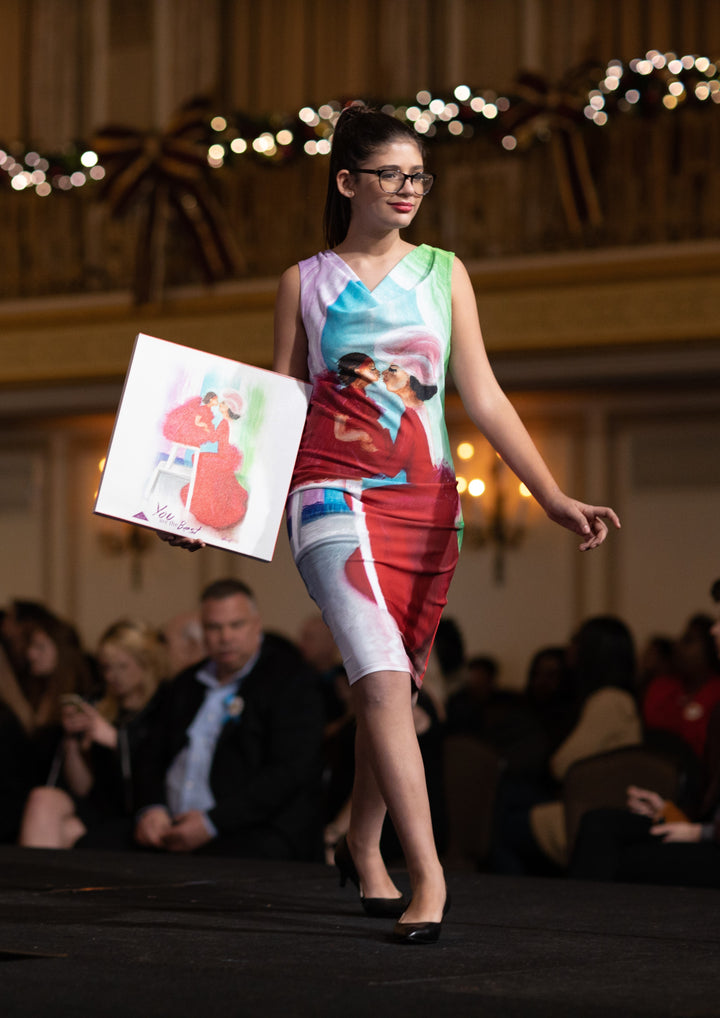Summer Bright Midi Dress With Sleeves Wearable Art YOU ARE THE BEST by artist Alesia Chaika Made In USA Featured at the Museum Of Contemporary Art Chicago Mom and Daughter Love Story