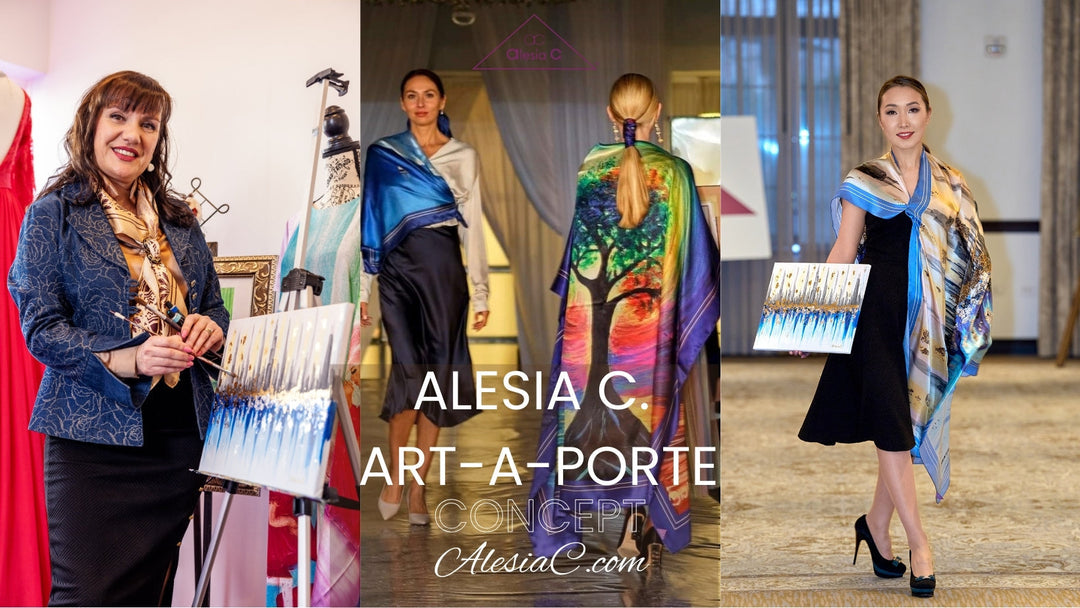 Alesia Chaika Fashion Designer Painting her Abstract Artwork of Chicago in her Studio and Models wearing the Silk Scarves inspired by Her  Art AlesiaC.com