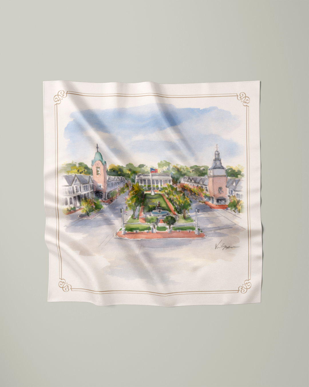 Pure silk scarf featuring Lake Forest Market Square created for the Lake Forest Preservation Foundation 50th Anniversary.