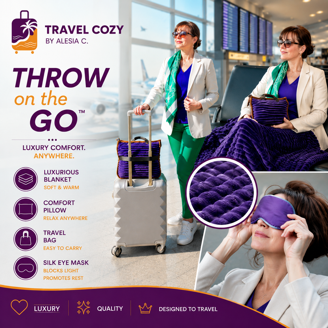 Travel Cozy™ by Alesia C. is a luxury 4-in-1 jacquard velour travel blanket, pillow, carry bag, and luggage companion designed to bring the comfort of home wherever you go.