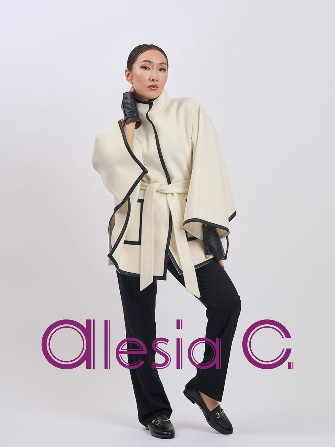 Women White Cashmere Wool Cape Coat With Black Leather Trim by Alesia Chaika AlesiaC.com 