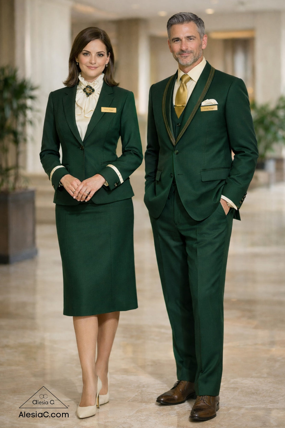 custom-bespoke-tailored-cream-brooch-blouse-emerald-green-gold-wool-classic-luxury-hospitality-general-manager-uniform-woman-man-suits-design-alesia-chaika AlesiaC.com