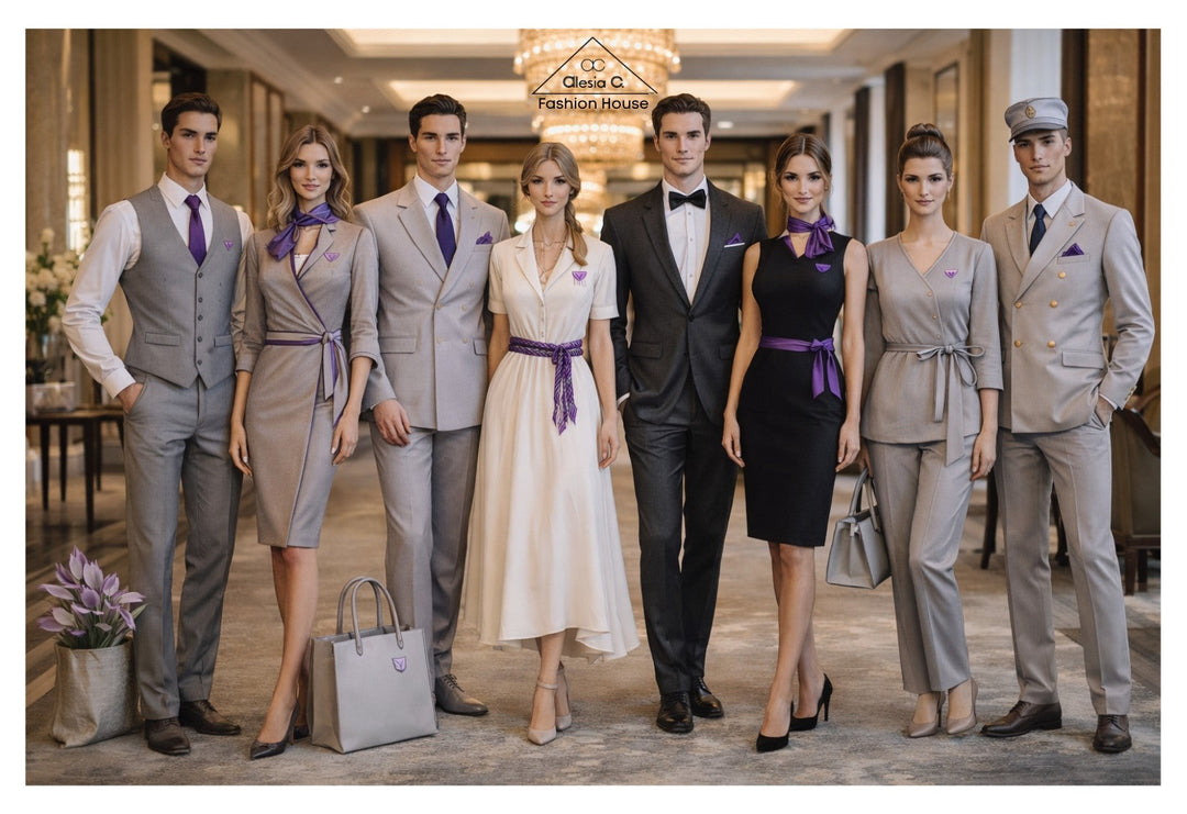 custom-bespoke-tailored-violet-gray-purple-luxury-hospitality-hotel-uniform-inspired-by-European-classics-straight-dress-silk-scarf-scarf-ring-violet-men-dress-shirt-design-alesia-chaika AlesiaC.com