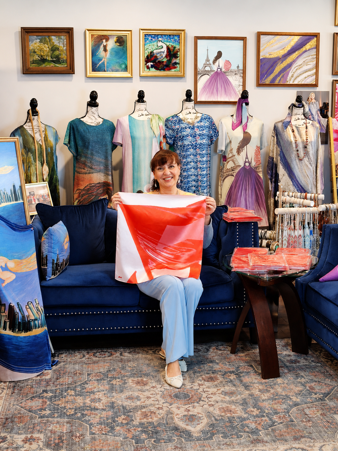 Fashion designer Alesia Chaika holding a custom red and white luxury silk scarf created for the Budweiser FIFA Club World Cup hospitality experience at her Fashion House in Lake Forest, Illinois.