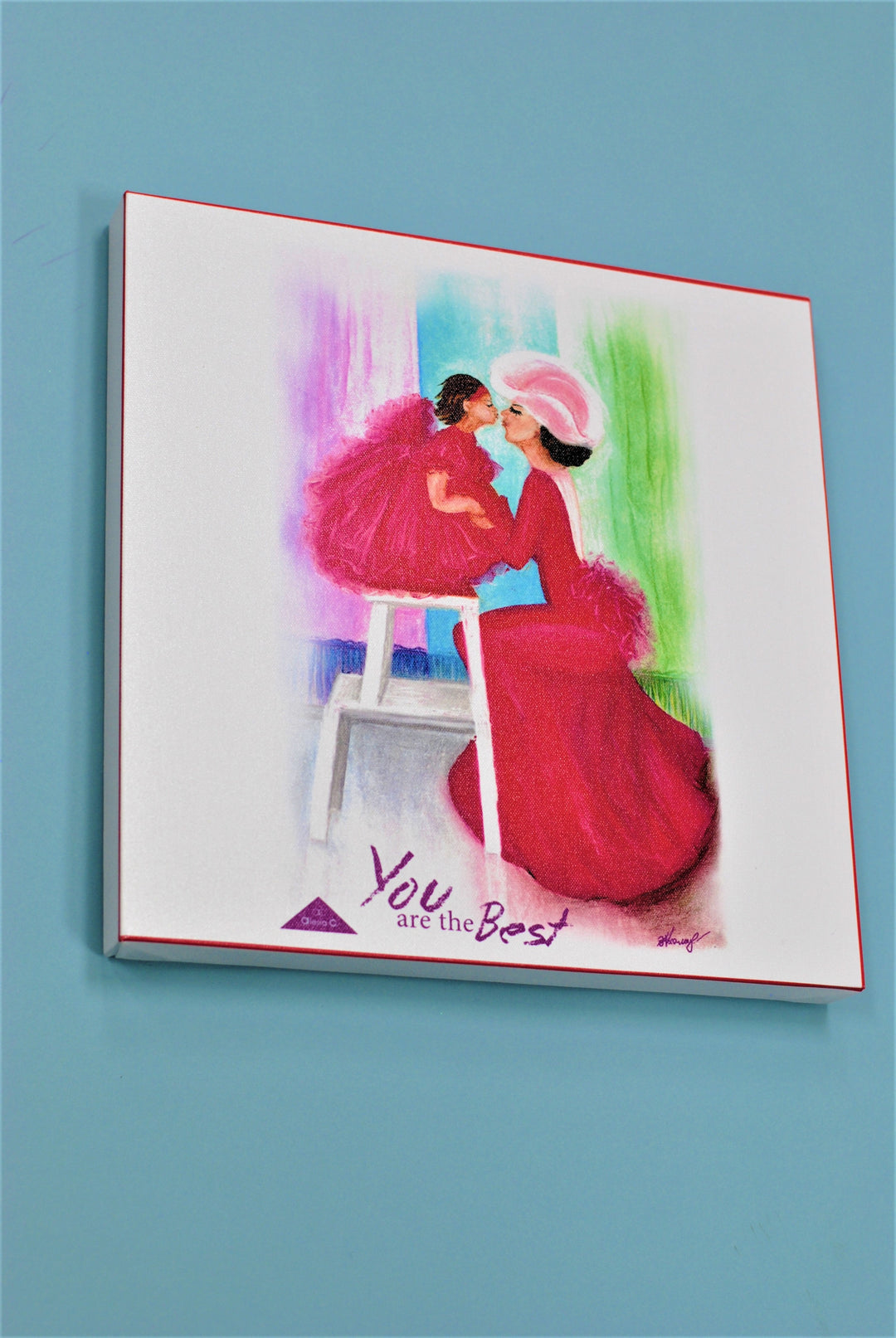 Alesia C. ART Canvas 14 x 14. Yo Are The Best. Mom and Daughter Wall Decor Painting Gift for Mom Christmas Red Dress