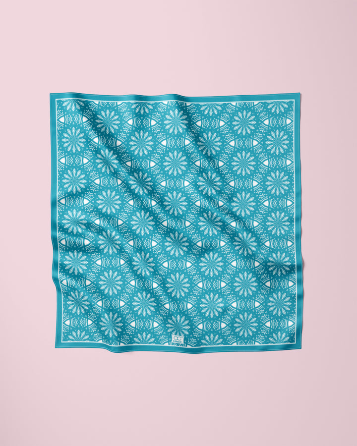 ASTER Mandala Pure Silk Square Scarf in Turquoise White by Alesia Chaika