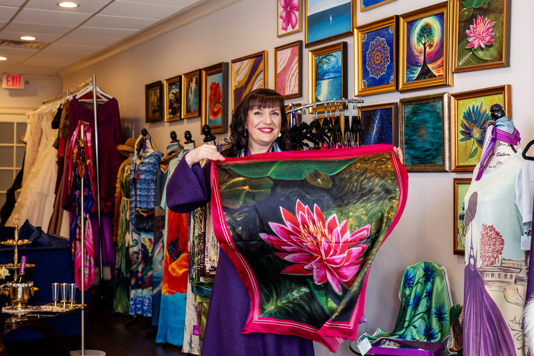 Amazon Water Lily Silk Scarf with Black Border – Alesia C. Art-A-Porte Collection