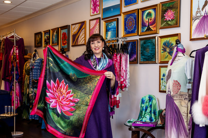 Amazon Water Lily Silk Scarf with Magenta Border – Alesia C. Art-A-Porte Collection