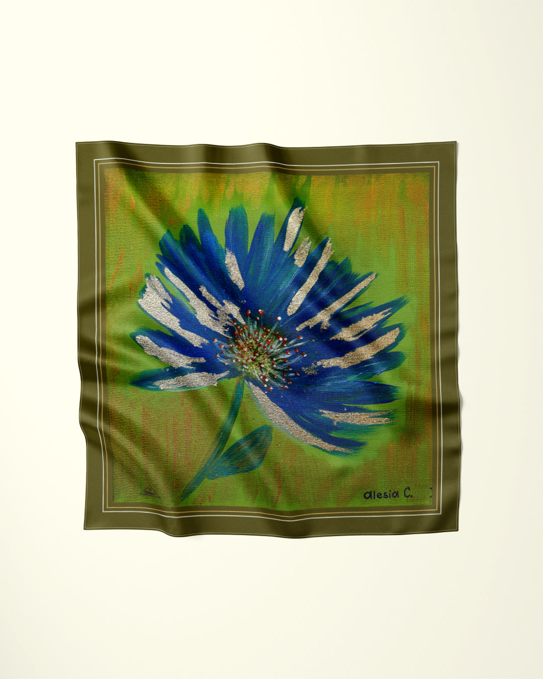 ABSTRACT CORNFLOWER Gold Blue Olive Designer Silk Scarf Art A Porte by Alesia Chaika