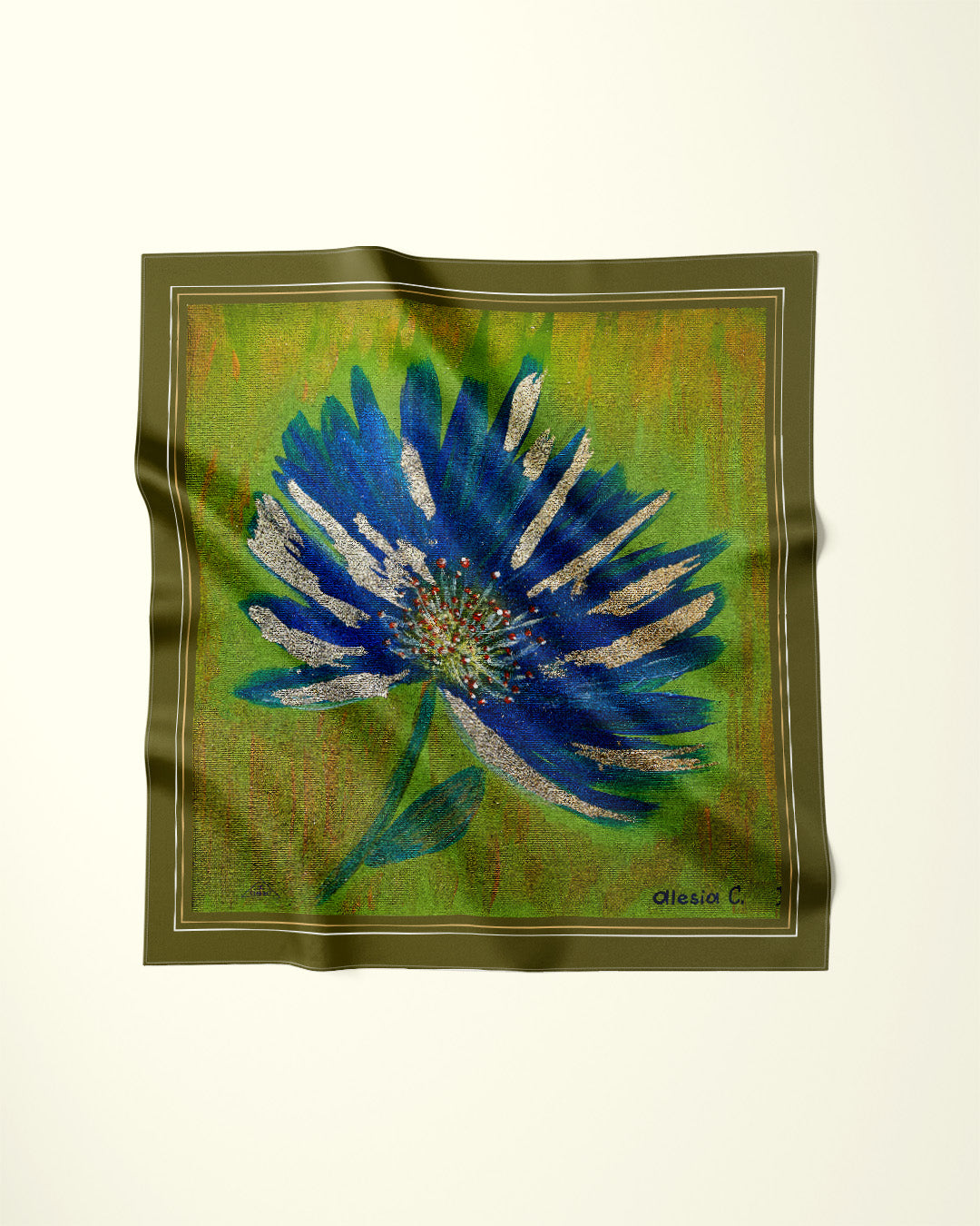 ABSTRACT CORNFLOWER Gold Blue Olive Designer Silk Scarf Art A Porte by Alesia Chaika