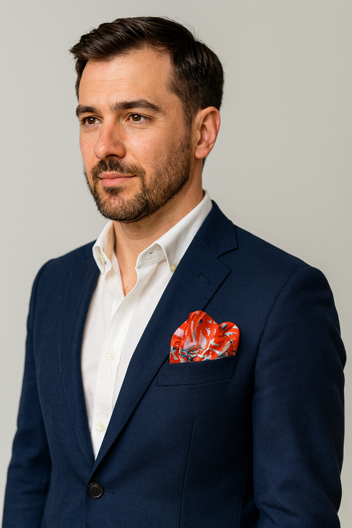 Griffin Museum of Science and Industry Symphony Innovation AI Era Orange White Silk Pocket Square Alesia Chaika AlesiaC.com