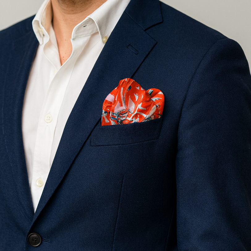 Symphony of Innovation and Science - Orange White - Silk Pocket Square - 12"×12" - Alesia C. AI Era Collection