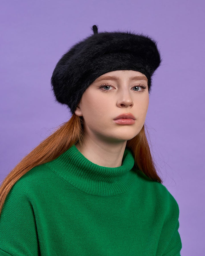 ANGORA Wool Loop Beret Hat in Black