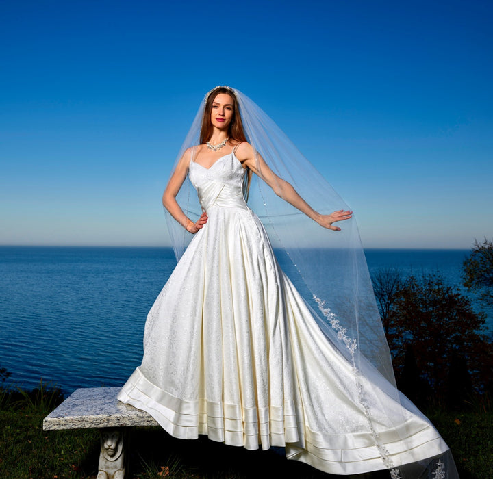 ANITA Off White Royal Jacquard Ball Bridal Gown With Spaghetti Straps by Alesia C. AlesiaC.com 1