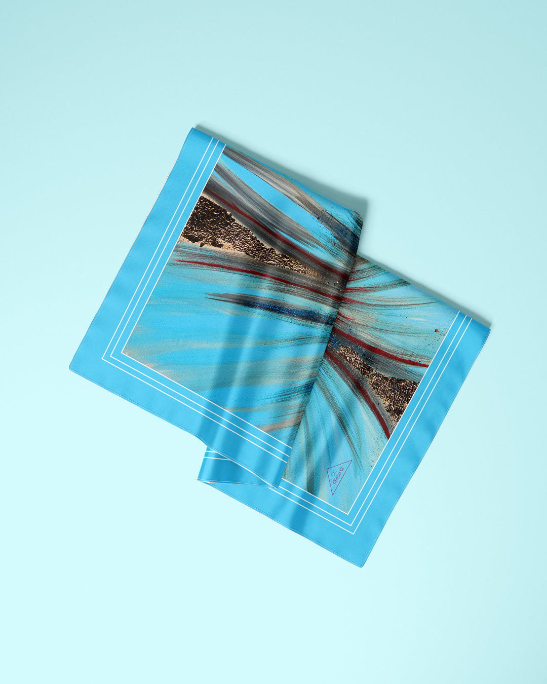 Abstract Golden Snowflower Art Pure Silk Scarf and Pocket Square in Malibu Blue, Deep Navy, Crimson, Burgundy, Brown, Beige, White, and Gold – Alesia C. Art-A-Porte Collection by Artist Alesia Chaika. AlesiaC.com