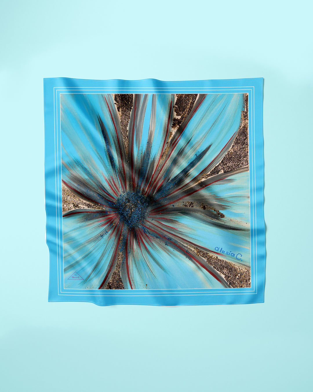 Abstract Golden Snowflower Art Pure Silk Scarf and Pocket Square in Malibu Blue, Deep Navy, Crimson, Burgundy, Brown, Beige, White, and Gold – Alesia C. Art-A-Porte Collection by Artist Alesia Chaika. AlesiaC.com