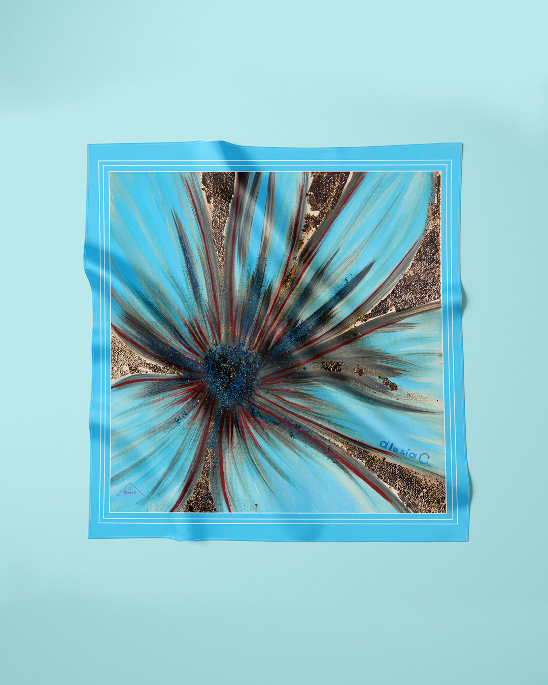 Abstract Golden Snowflower Art Pure Silk Scarf and Pocket Square in Malibu Blue, Deep Navy, Crimson, Burgundy, Brown, Beige, White, and Gold – Alesia C. Art-A-Porte Collection by Artist Alesia Chaika. AlesiaC.com