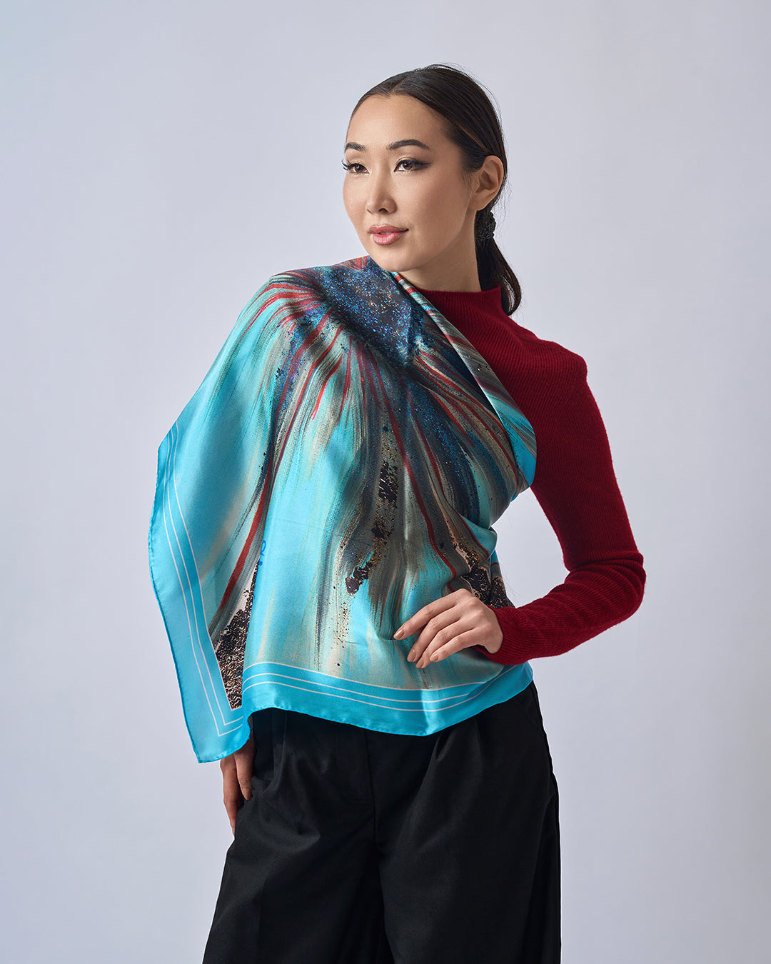 Abstract Golden Snowflower Art Pure Silk Scarf and Pocket Square in Malibu Blue, Deep Navy, Crimson, Burgundy, Brown, Beige, White, and Gold – Alesia C. Art-A-Porte Collection by Artist Alesia Chaika. AlesiaC.com