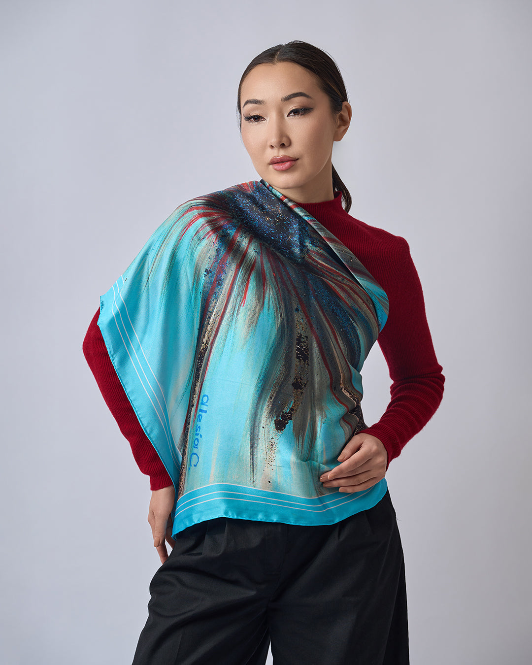 Abstract Golden Snowflower Art Pure Silk Scarf and Pocket Square in Malibu Blue, Deep Navy, Crimson, Burgundy, Brown, Beige, White, and Gold – Alesia C. Art-A-Porte Collection by Artist Alesia Chaika. AlesiaC.com