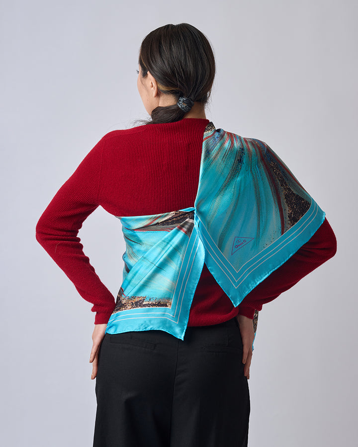 Abstract Golden Snowflower Art Pure Silk Scarf and Pocket Square in Malibu Blue, Deep Navy, Crimson, Burgundy, Brown, Beige, White, and Gold – Alesia C. Art-A-Porte Collection by Artist Alesia Chaika. AlesiaC.com