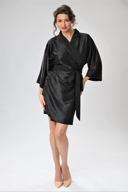 BlissSleep Silk-Jacquard Kimono Robe Black