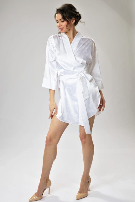 BlissSleep Silk-Jacquard Kimono Robe White