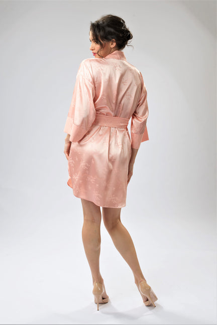 Bliss sleep Silk-Jacquard Kimono Robe Peach