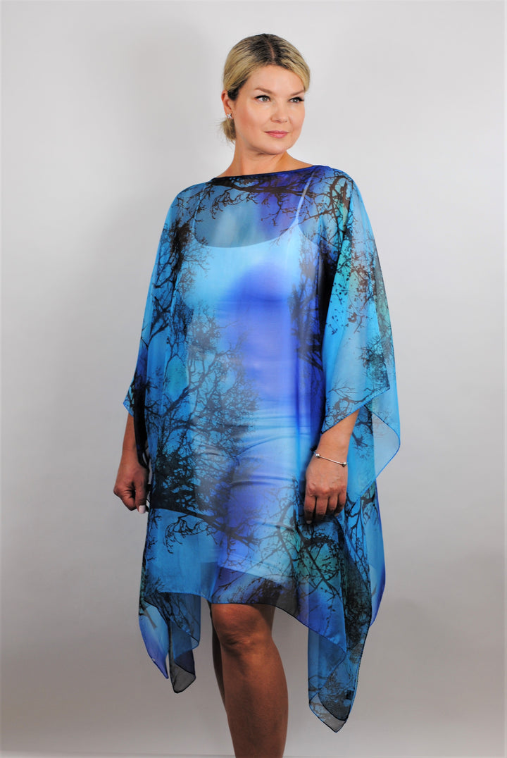 Royal Blue and Green with black 100% silk short caftan by Alesia Chaika