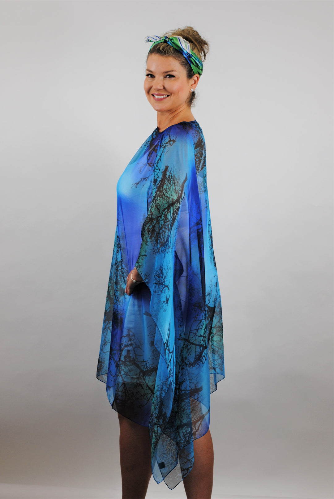 Royal Blue and Green with black 100% silk short caftan by Alesia Chaika