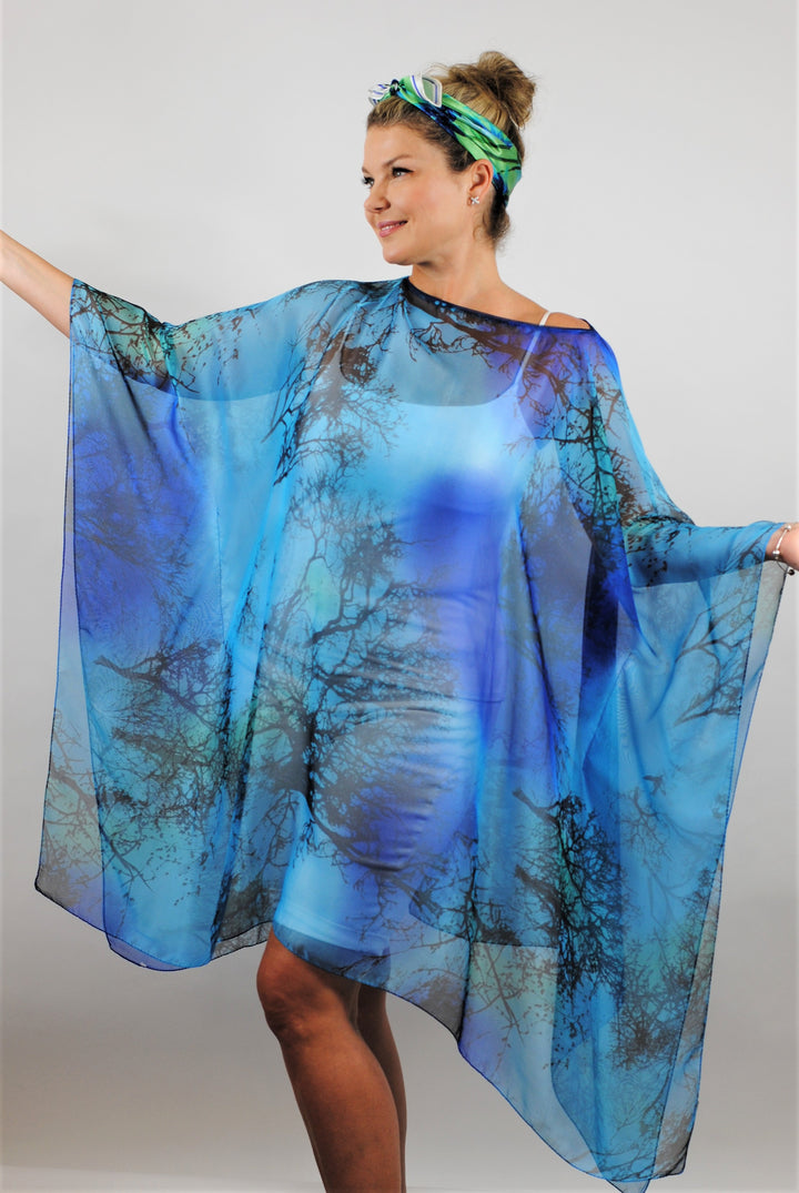 Royal Blue and Green with black 100% silk short caftan by Alesia Chaika