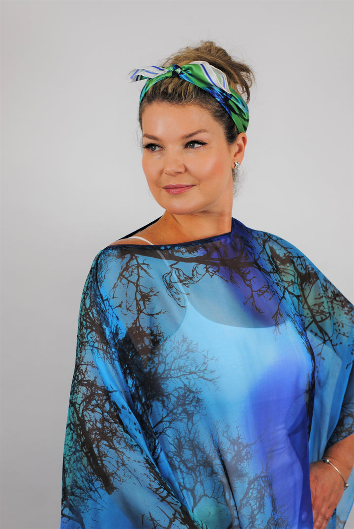Royal Blue and Green with black 100% silk short caftan by Alesia Chaika