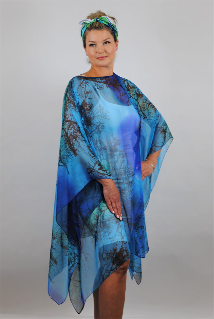 Royal Blue and Green with black 100% silk short caftan by Alesia Chaika