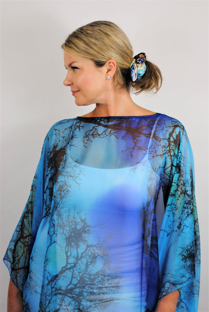 Royal Blue and Green with black 100% silk short caftan by Alesia Chaika