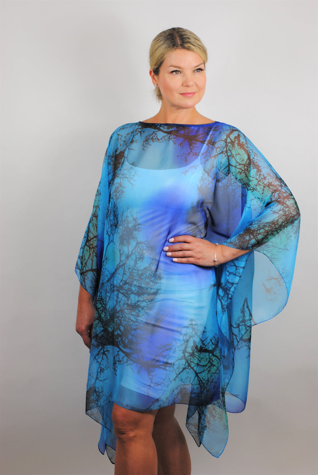 Royal Blue and Green with black 100% silk short caftan by Alesia Chaika