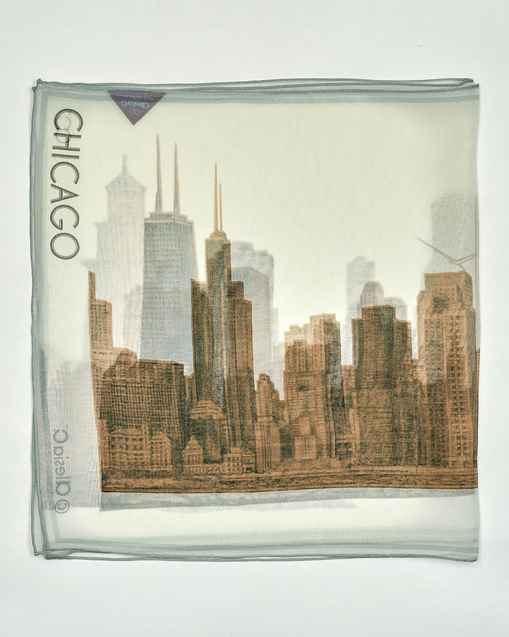 CHICAGO Skyline 100% Silk Georgette Oblong Scarf in Gold White