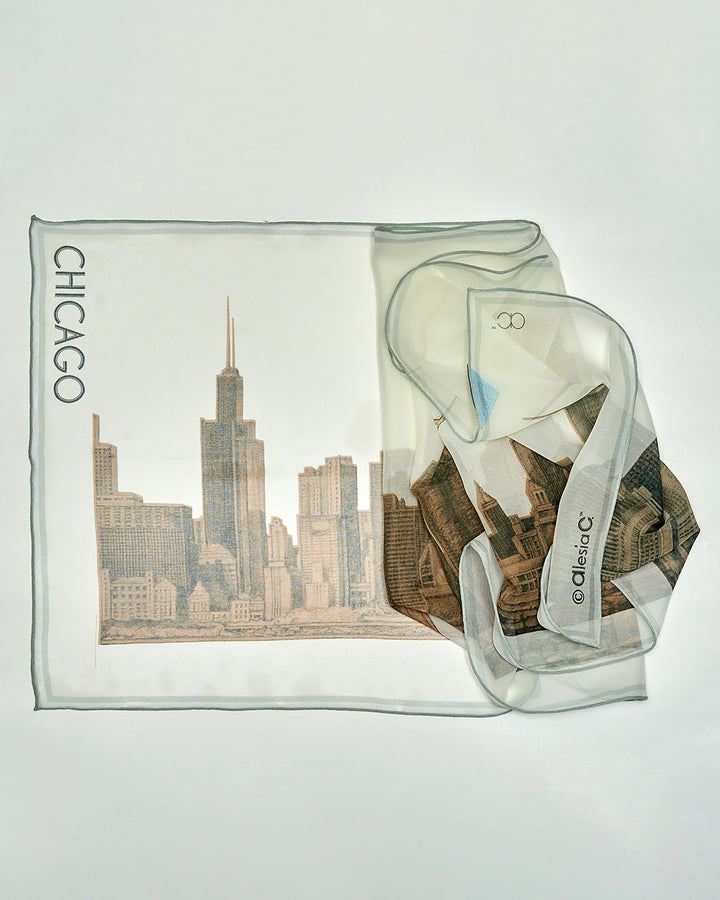 CHICAGO Skyline 100% Silk Georgette Oblong Scarf in Gold White