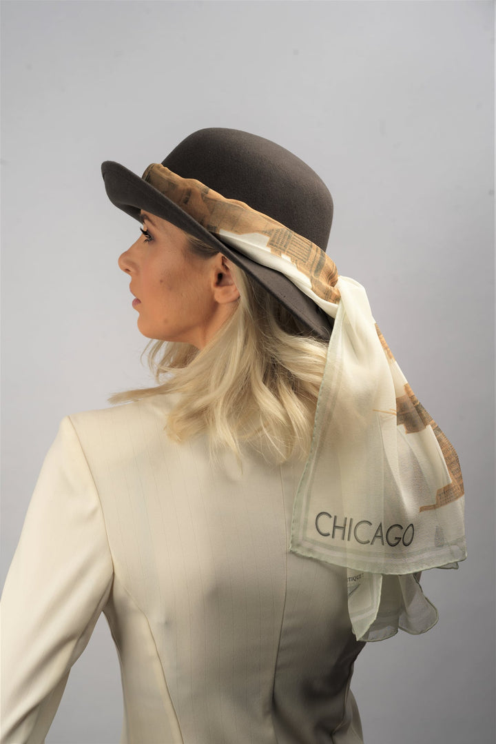 CHICAGO Skyline 100% Silk Georgette Oblong Scarf in Gold White