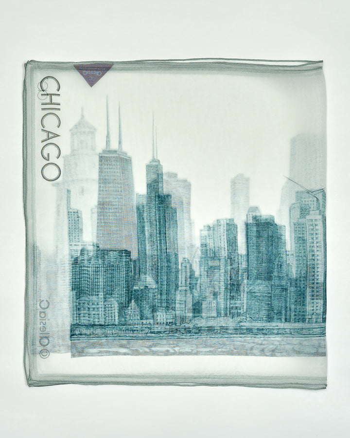 CHICAGO Skyline 100% Silk Georgette Oblong Scarf in Grey White