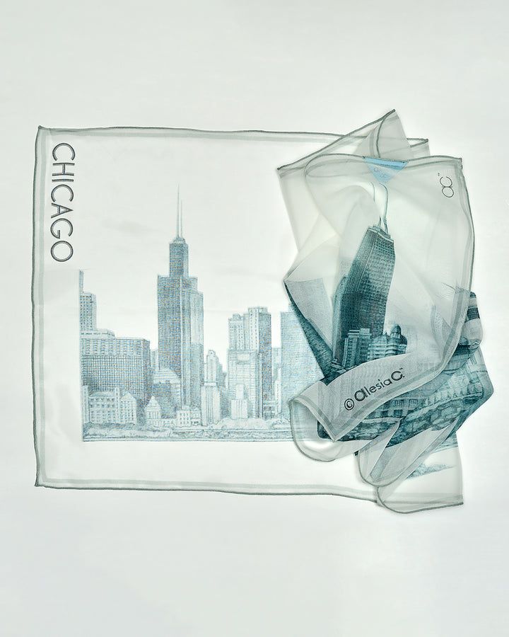 CHICAGO Skyline 100% Silk Georgette Oblong Scarf in Grey White