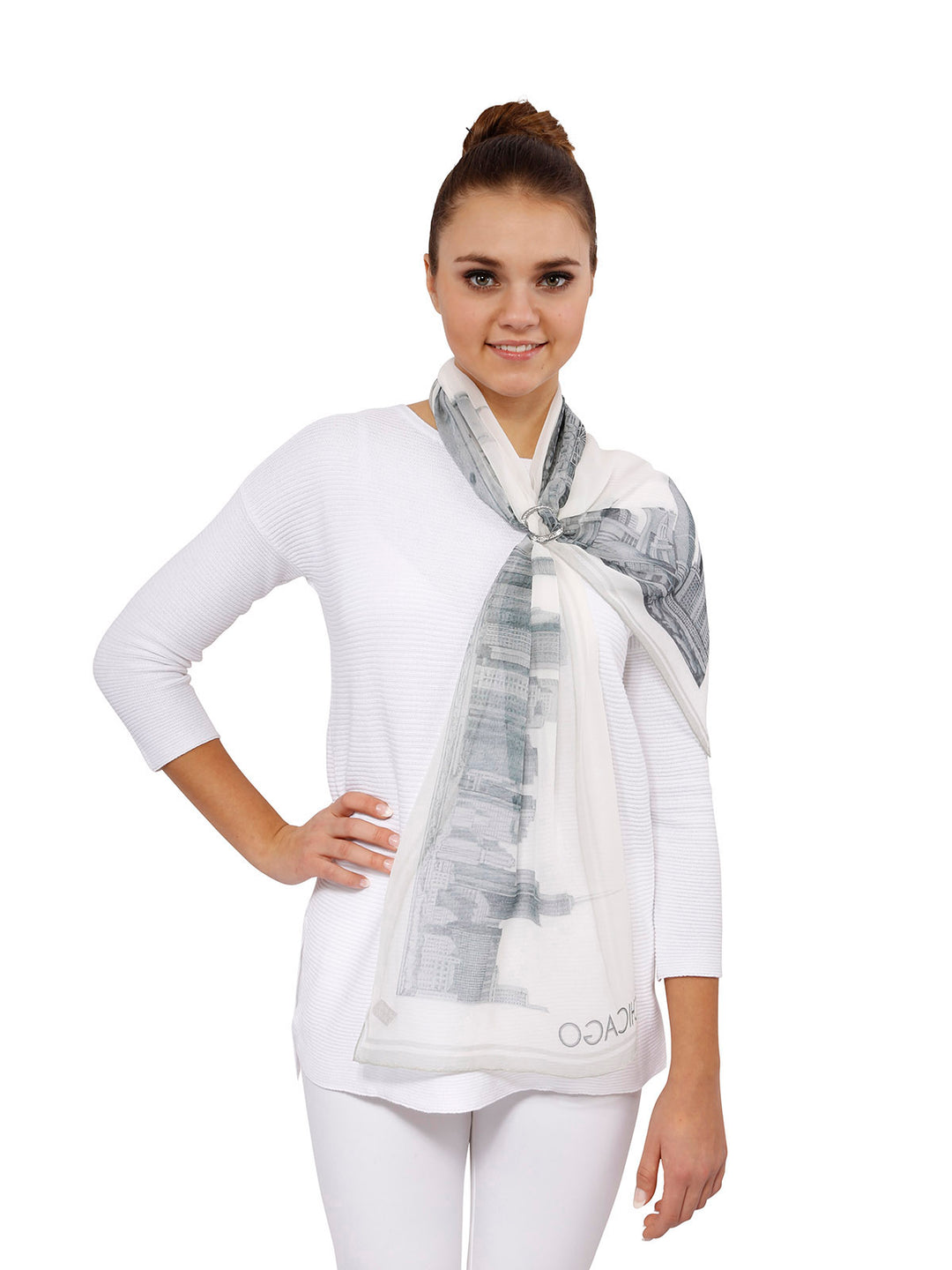 CHICAGO Skyline 100% Silk Georgette Oblong Scarf in Grey White